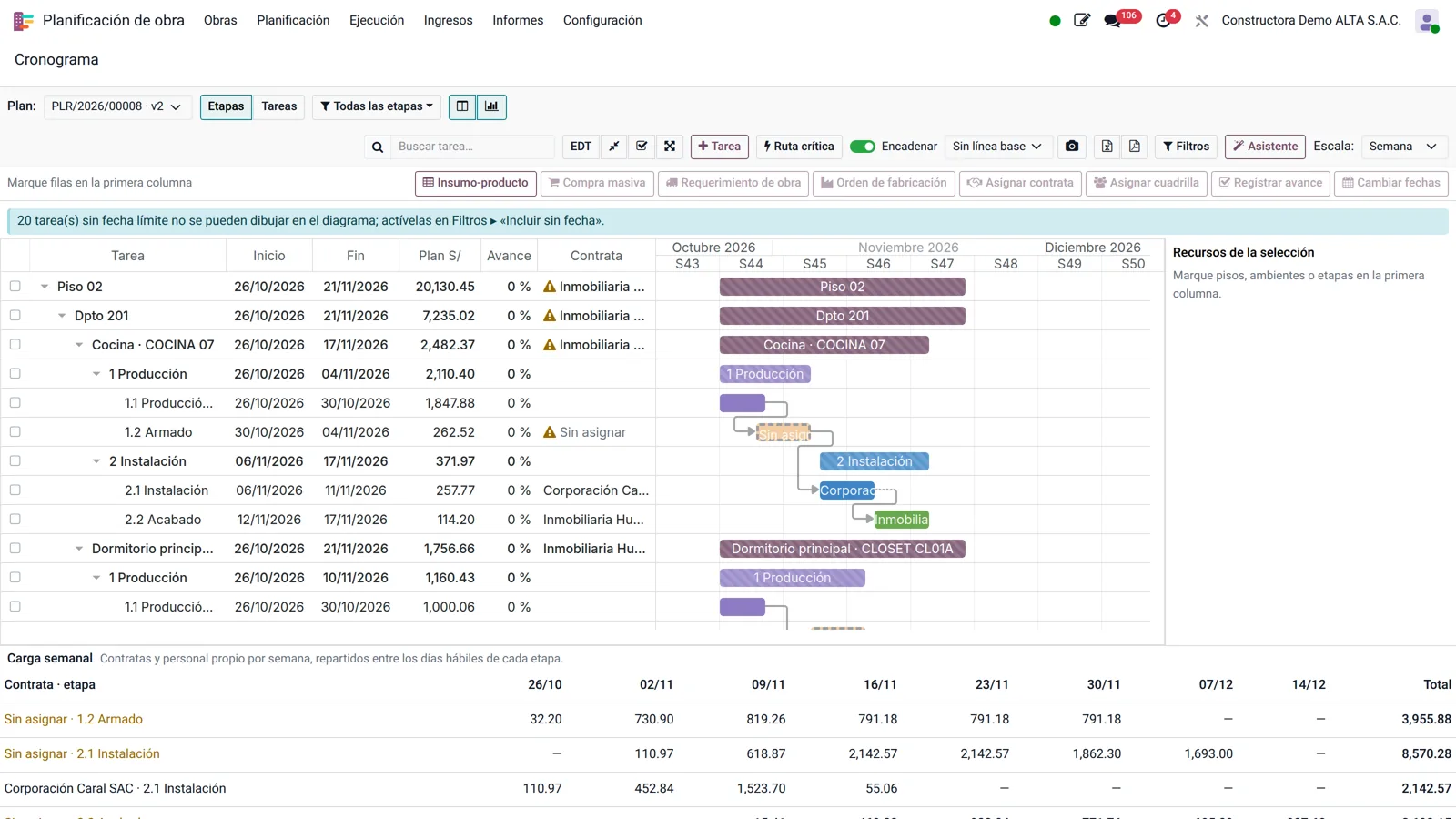 Pantalla de Odoo: Cronograma de obra