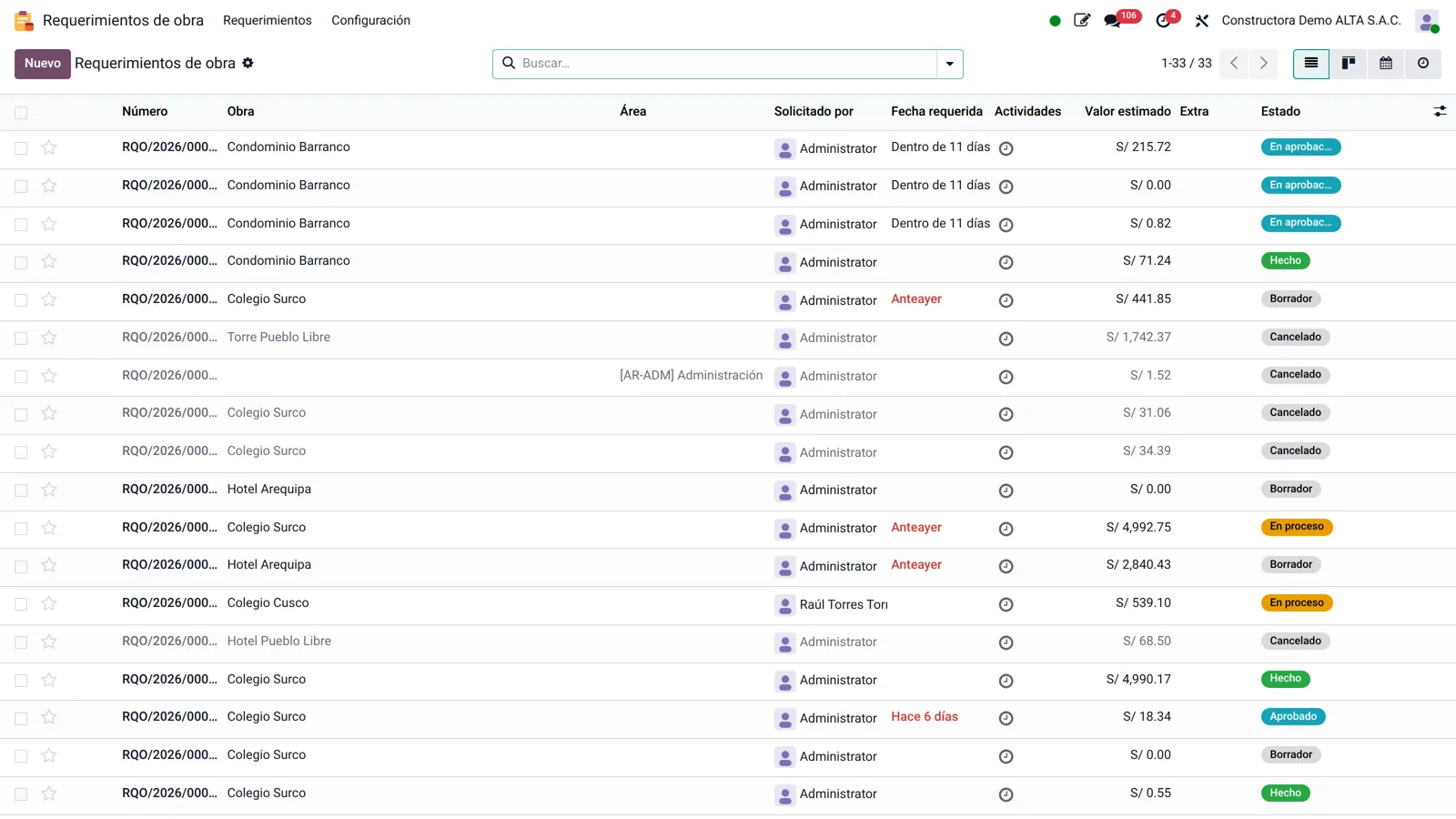 Pantalla de Odoo: Requerimientos de obra